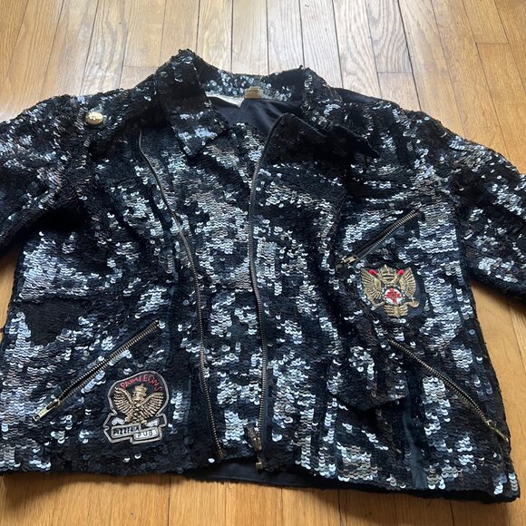 French Collizioni Size S Black Vintage Sequin Embroidered Patches Moto Jacket - Picture 3 of 16